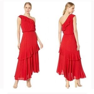 New Wayf Red One Shoulder Asymmetrical Erika Ruffle Dress size large New